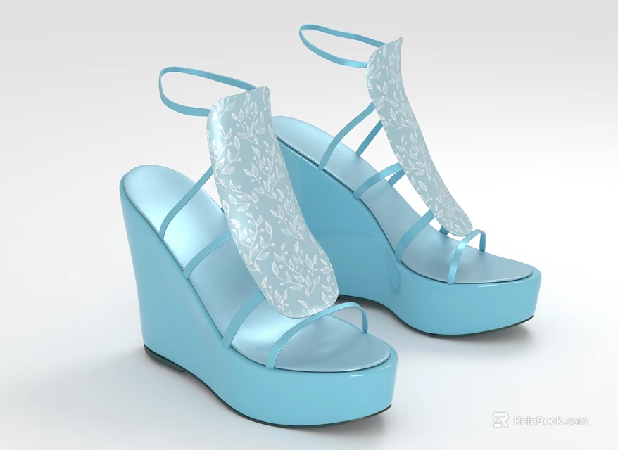 Blue Wedge Sandals with White Floral Pattern Ankle Strap Design Elegant Summer Footwear 3d model 