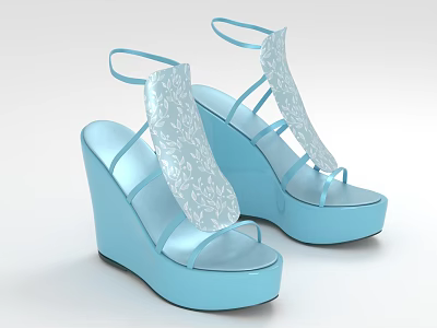 Blue Wedge Sandals with White Floral Pattern Ankle Strap Design Elegant Summer Footwear 3d model