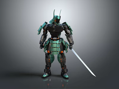 Futuristic Green Samurai Warrior in Mechanical Armor Holding Long Sword Standing Pose 3d model