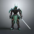 Futuristic Green Samurai Warrior in Mechanical Armor Holding Long Sword Standing Pose
