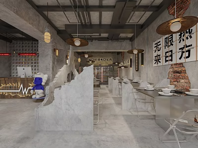 Industrial Hotpot Restaurant Interior Design With Brick Walls Metal Lights And Dining Tables 3d model