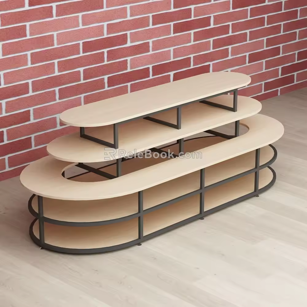 Supermarket oval multi-layer three-layer steel and wood structure circular display rack running water table promotional specialty rack 3d model