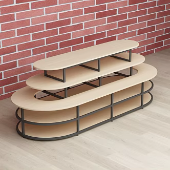 Supermarket oval multi-layer three-layer steel and wood structure circular display rack running water table promotional specialty rack 3d model