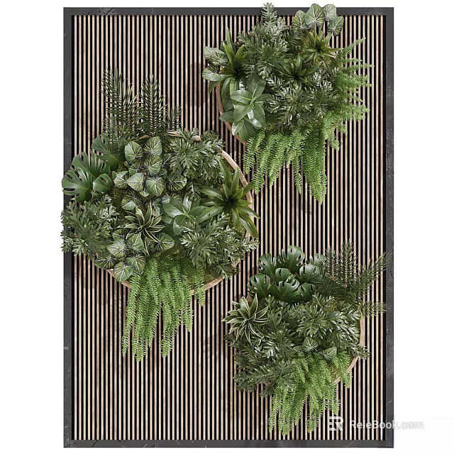 Modern Vertical Green Plant Wall Design With Hanging Potted Succulents And Fern Plants 3d model 