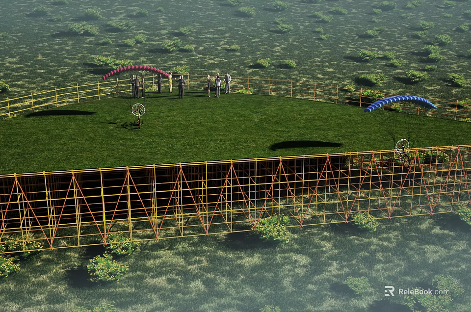 Outdoor Circular Green Lawn With Yellow Scaffolding Red Blue Arched Structures And People 3d model 