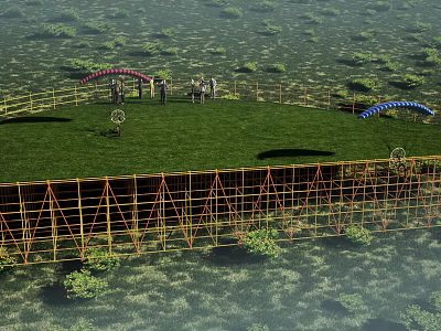 Outdoor Circular Green Lawn With Yellow Scaffolding Red Blue Arched Structures And People 3d model