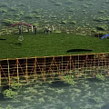 Outdoor Circular Green Lawn With Yellow Scaffolding Red Blue Arched Structures And People