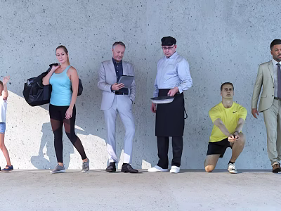 Group of People In Different Outfits Standing Near Concrete Wall Holding Bags And Tablets 3d model
