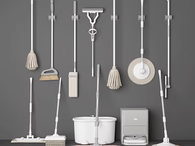 Essential Cleaning Tools Hanging On Wall And Placed On Floor With Mops Brooms Buckets 3d model