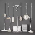 Essential Cleaning Tools Hanging On Wall And Placed On Floor With Mops Brooms Buckets