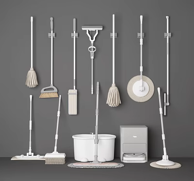 Essential Cleaning Tools Hanging On Wall And Placed On Floor With Mops Brooms Buckets 3d model