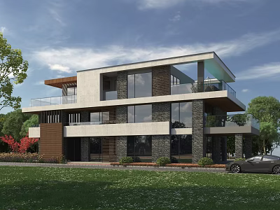 Modern Detached Villa Exterior Design With Large Glass Windows Lawn And Trees 3d model