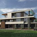 Modern Detached Villa Exterior Design With Large Glass Windows Lawn And Trees