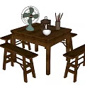 Rustic Wooden Dining Table Set with Benches Fan and Tabletop Decor 3d model