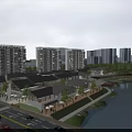 Aerial Planning of Residential Community with High Low rise Buildings River Greenery Roads and Vehicles