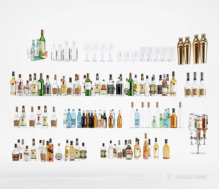 Assorted Wine Bottles And Glassware Collection Showcasing Different Types And Styles 3d model