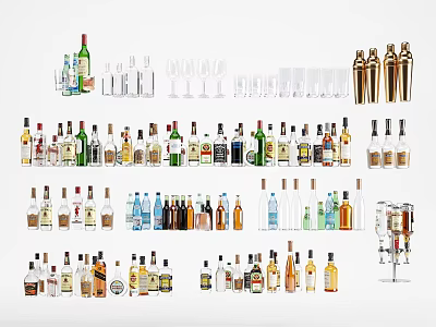 Assorted Wine Bottles And Glassware Collection Showcasing Different Types And Styles 3d model