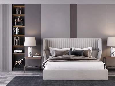 Modern Elegant Bedroom Interior With Double Bed Gray Walls Nightstands Table Lamps And Rug 3d model