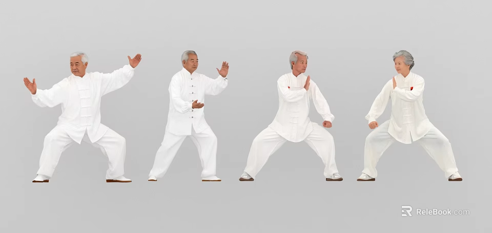 Elderly People Practicing Tai Chi in White Uniforms with Various Movements 3d model 