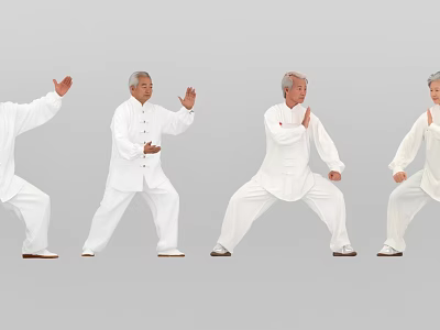 Elderly People Practicing Tai Chi in White Uniforms with Various Movements 3d model