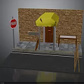 Street Storefront Scene With Brick Wall Yellow Awning Red Door Stop Sign And Table