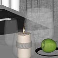 Inflatable Ice Bucket Filled With Ice Featuring Glass Cup Lit Candle And Green Apple On Table
