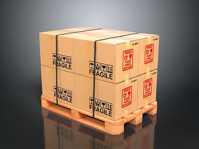 Household Items Packed In Stacked Wooden Boxes With Fragile Labels On Pallet 3d model