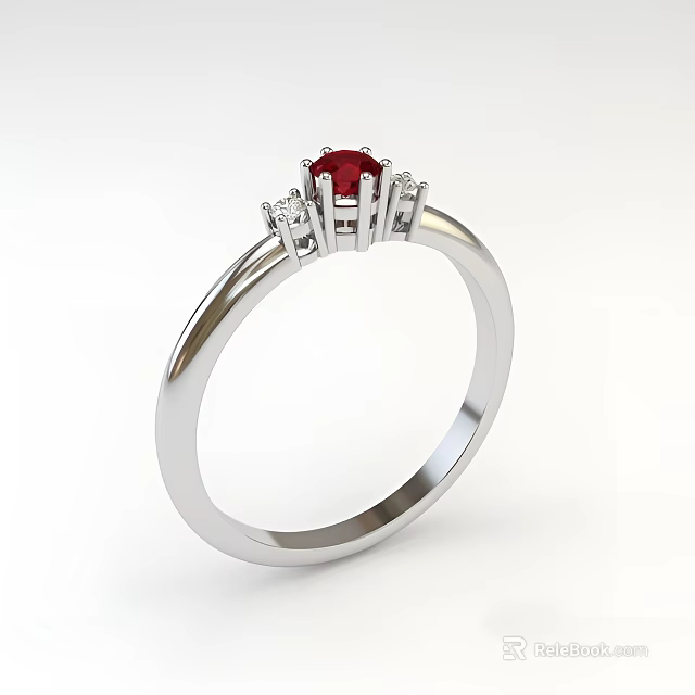 Silver Ring With Red Gemstone And Small Diamonds Smooth Band Design 3d model 