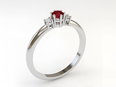 Silver Ring With Red Gemstone And Small Diamonds Smooth Band Design 3d model