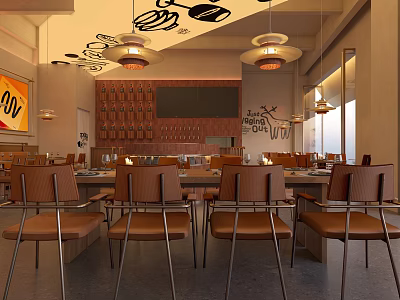 Cozy Modern Restaurant Interior With Comfortable Leather Chairs And Warm Pendant Light Fixtures 3d model
