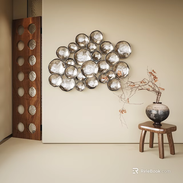 Ornamental Decor Combination With Silver Circular Metal Wall Art And Vase On Wooden Stool 3d model 