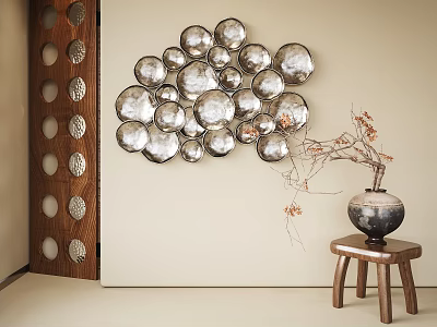Ornamental Decor Combination With Silver Circular Metal Wall Art And Vase On Wooden Stool 3d model
