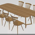 Six Simple Wooden Dining Chairs With Slatted Backs Around Rectangular Table 3d model