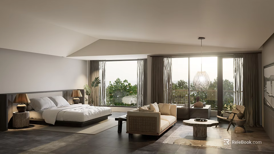Modern Hotel Room Interior With Comfortable Bed Sofa And Floor to Ceiling Windows 3d model 