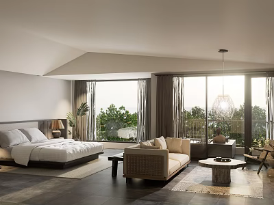 Modern Hotel Room Interior With Comfortable Bed Sofa And Floor to Ceiling Windows 3d model