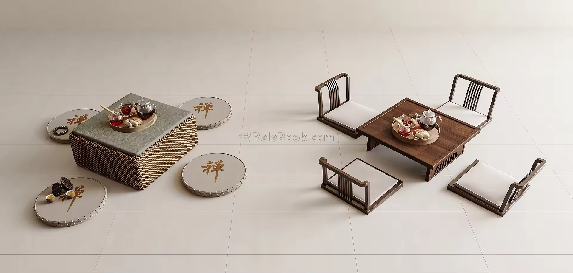New Chinese Tea Table and Chair Tatami Tea Table Cushion Tea Chair Futon Tea Set Tatami Low Stool Leisure Chair Cushion 3d model