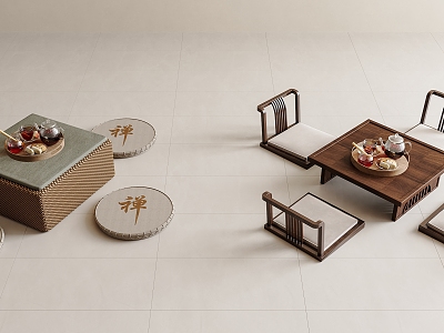 New Chinese Tea Table and Chair Tatami Tea Table Cushion Tea Chair Futon Tea Set Tatami Low Stool Leisure Chair Cushion 3d model