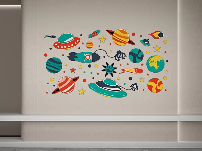 Colorful Cartoon Space Themed Wall Decoration With Planets Rocket UFO Stars And Earth Elements 3d model