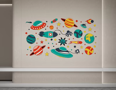 Colorful Cartoon Space Themed Wall Decoration With Planets Rocket UFO Stars And Earth Elements 3d model