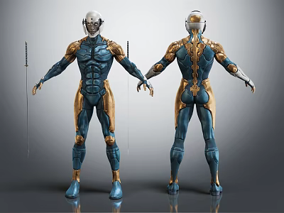 Humanoid Characters In Blue And Gold Armor With Front Back Views 3d model