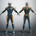 Humanoid Characters In Blue And Gold Armor With Front Back Views 3d model