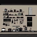 Organized Kitchen With Open Shelves Of Various Kitchenware Hanging Utensils And Appliances