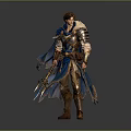 Man As Fantasy Warrior In Blue Cape With Detailed Armor Holding Double Bladed Weapon