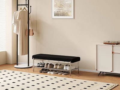 Single Sofa In Entryway With Beige Wall Framed Painting Wooden Floor And Polka Dot Rug 3d model