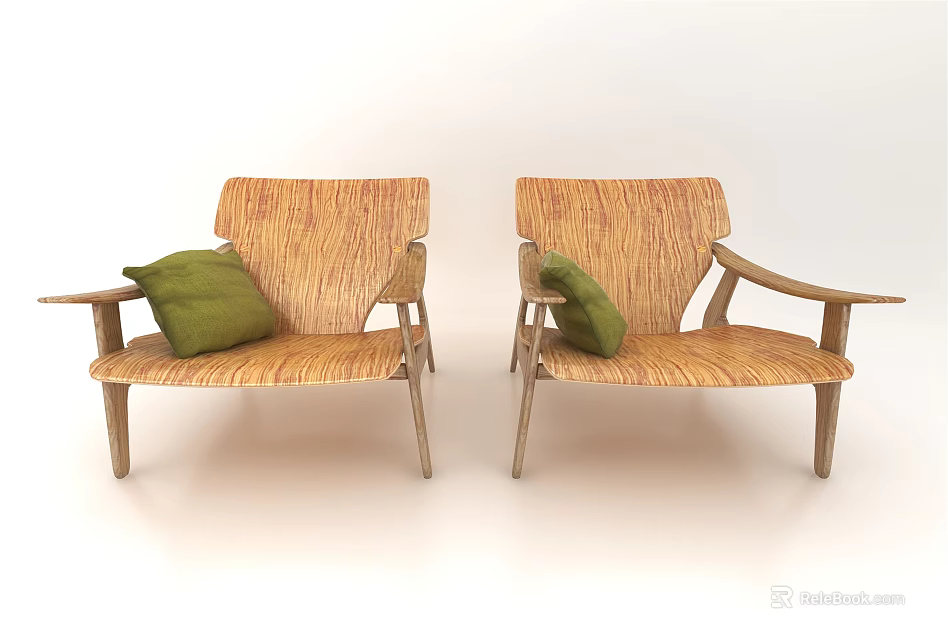 Two Wooden Leisure Chairs With Armrests And Green Cushions Simple Woven Design For Living Space 3d model 