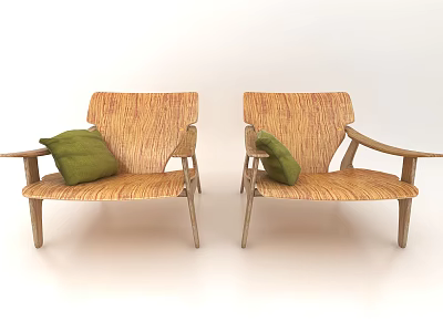 Two Wooden Leisure Chairs With Armrests And Green Cushions Simple Woven Design For Living Space 3d model