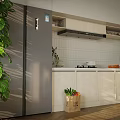 Modern Open Kitchen With Wooden Ceiling White Cabinets Island Counter Fruits Plants And Chairs