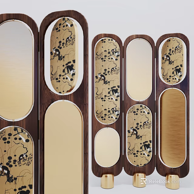 Wooden Room Divider Featuring Decorative Patterns And Various Shaped Mirror Panels 3d model