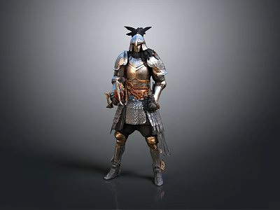 Medieval Warrior Man Standing in Detailed Metallic Armor with Horned Helmet and Chainmail 3d model