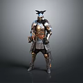 Medieval Warrior Man Standing in Detailed Metallic Armor with Horned Helmet and Chainmail